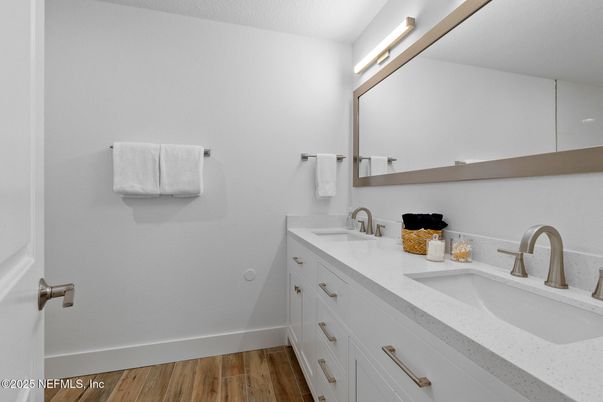 Bathroom, Dual Sink Vanities, Interior, Wood Texture Flooring