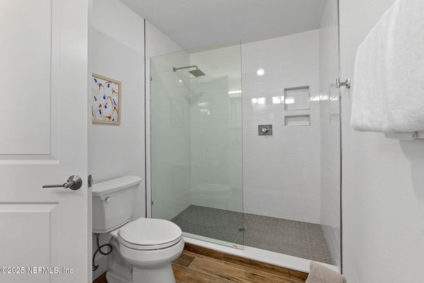Bathroom, Glass Shower, Interior, Wood Texture Flooring