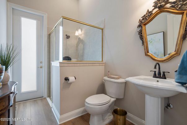 Bathroom, Glass Shower, Interior, Wood Texture Flooring