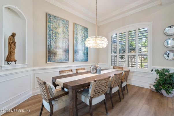 Dining room, Interior, Pendant Lights, Wood Texture Flooring