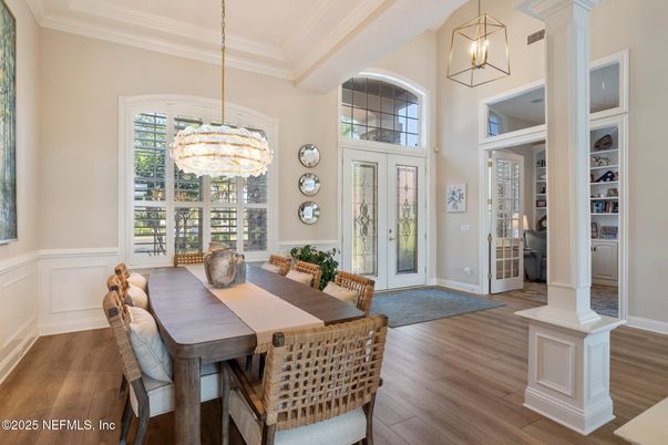 Chandelier, Dining room, Interior, Pendant Lights, Wood Texture Flooring