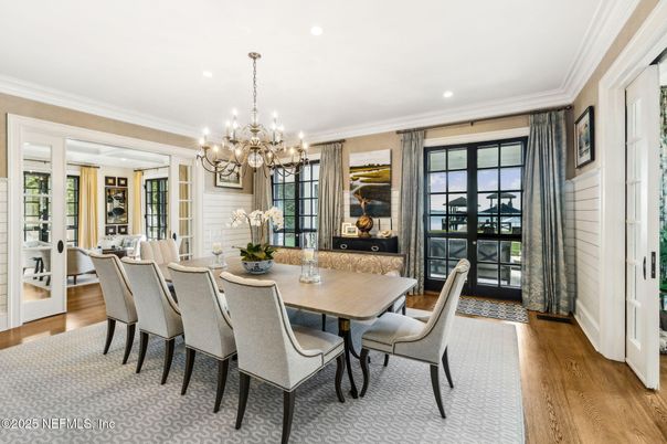Chandelier, Dining room, Interior, Recessed Lighting, Wood Texture Flooring