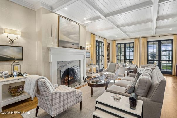 Fireplace, Interior, Living room, Recessed Lighting, Wood Texture Flooring