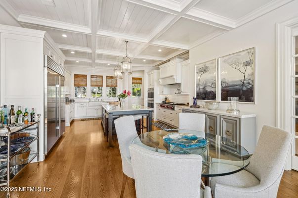 Dining room, Interior, Kitchen, Pendant Lights, Recessed Lighting, Stainless Steel Appliances, Wood Texture Flooring