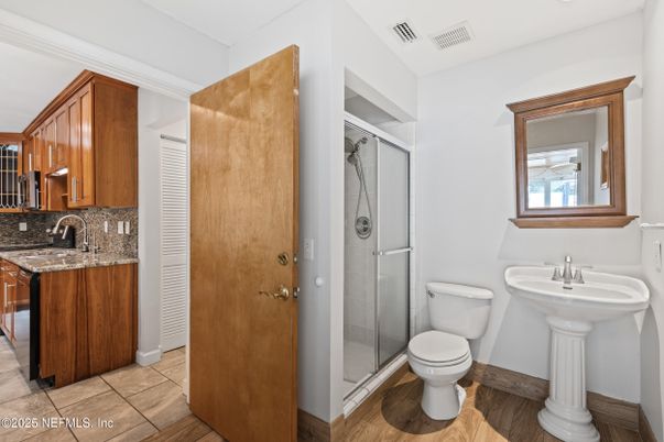 Bathroom, Glass Shower, Interior, Wood Texture Flooring