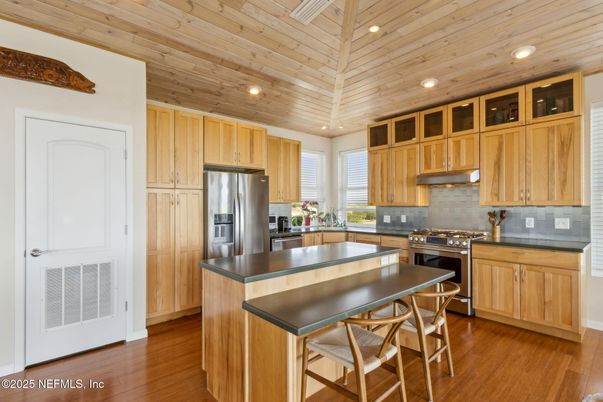 Interior, Kitchen, Recessed Lighting, Stainless Steel Appliances, Wooden Ceilings, Wood Texture Flooring