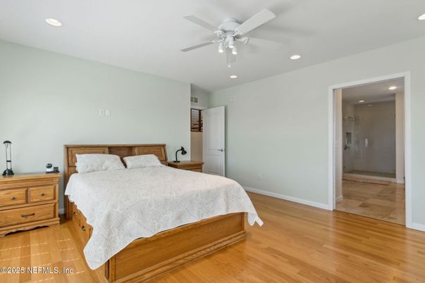 Bathroom, Bedroom, Glass Shower, Interior, Recessed Lighting, Wood Texture Flooring