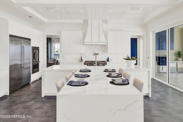 Interior, Kitchen, Marble Walls, Recessed Lighting, Stainless Steel Appliances