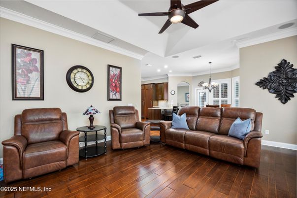 Chandelier, Dining room, Interior, Kitchen, Living room, Recessed Lighting, Wood Texture Flooring