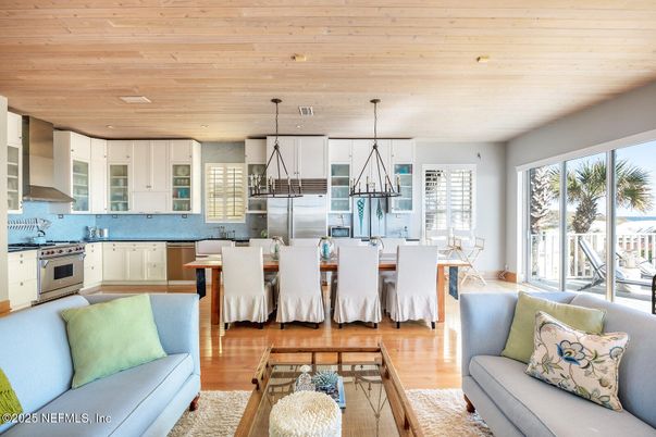 Dining room, Interior, Kitchen, Living room, Pendant Lights, Stainless Steel Appliances, Wooden Ceilings, Wood Texture Flooring