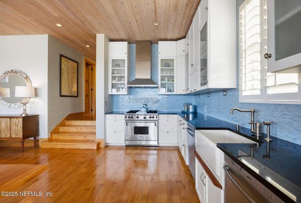 Interior, Kitchen, Recessed Lighting, Stainless Steel Appliances, Wooden Ceilings, Wood Texture Flooring