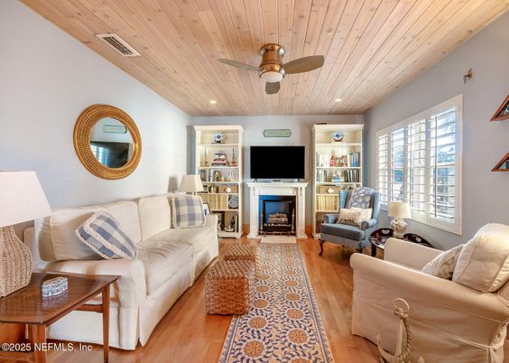 Fireplace, Interior, Living room, Recessed Lighting, Wooden Ceilings, Wood Texture Flooring