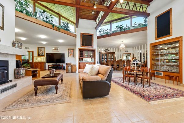 Chandelier, Dining room, Fireplace, Interior, Living room, Recessed Lighting, Wooden Beams, Wooden Ceilings