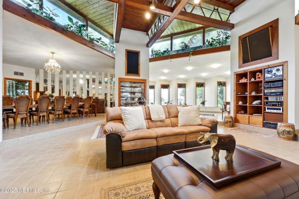 Chandelier, Dining room, Interior, Living room, Recessed Lighting, Wooden Beams, Wooden Ceilings