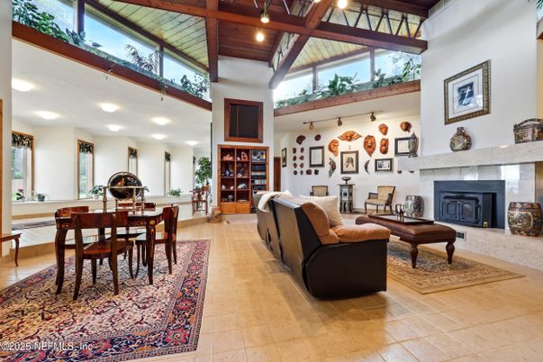 Dining room, Fireplace, Interior, Living room, Recessed Lighting, Wooden Beams, Wooden Ceilings