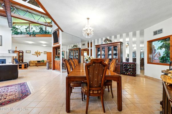Chandelier, Dining room, Fireplace, Interior