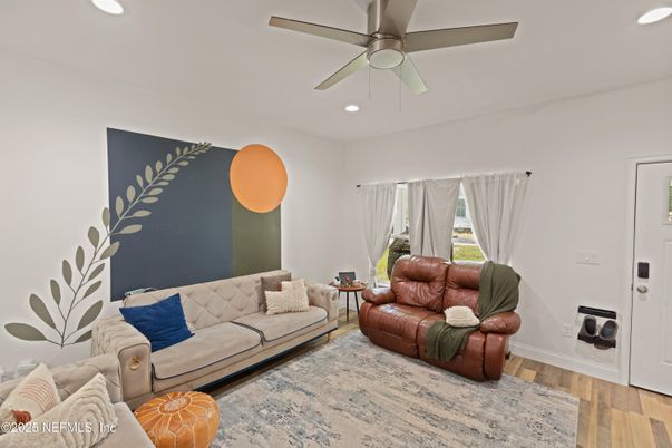 Interior, Living room, Recessed Lighting, Wood Texture Flooring