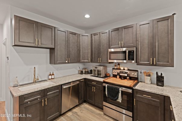 Interior, Kitchen, Recessed Lighting, Stainless Steel Appliances, Wood Texture Flooring