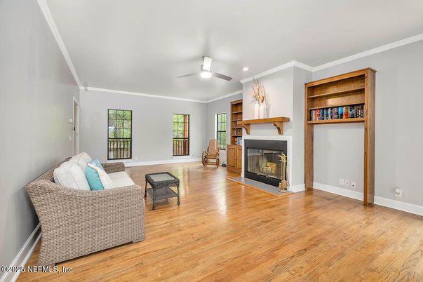 Fireplace, Interior, Recessed Lighting, Wood Texture Flooring