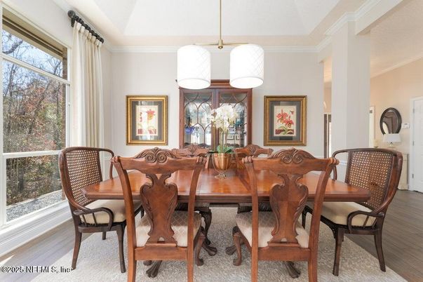 Dining room, Interior, Pendant Lights, Wood Texture Flooring