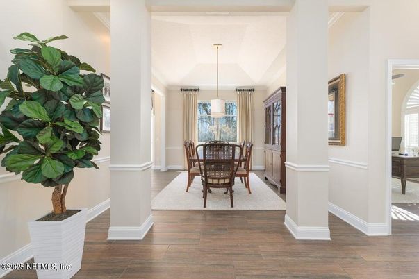 Dining room, Interior, Pendant Lights, Wood Texture Flooring