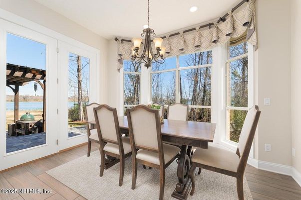 Chandelier, Dining room, Interior, Recessed Lighting, Water, Wood Texture Flooring