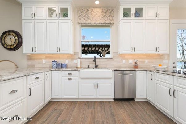 Interior, Kitchen, Recessed Lighting, Stainless Steel Appliances, Water, Wood Texture Flooring