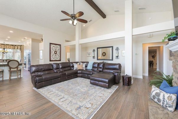 Dining room, Interior, Kitchen, Living room, Pendant Lights, Recessed Lighting, Wooden Beams, Wood Texture Flooring