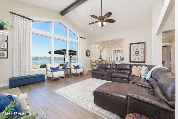 Interior, Living room, Recessed Lighting, Water, Wooden Beams, Wood Texture Flooring
