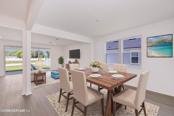 Dining room, Interior, Living room, Recessed Lighting, Wood Texture Flooring