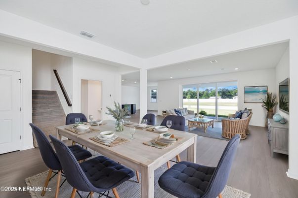 Dining room, Interior, Living room, Recessed Lighting, Wood Texture Flooring