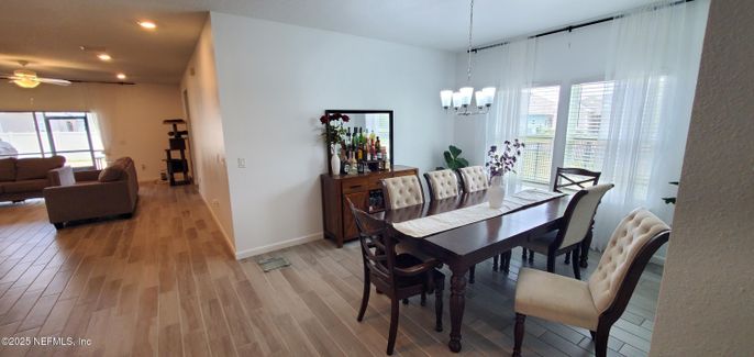 Chandelier, Dining room, Interior, Living room, Recessed Lighting, Wood Texture Flooring