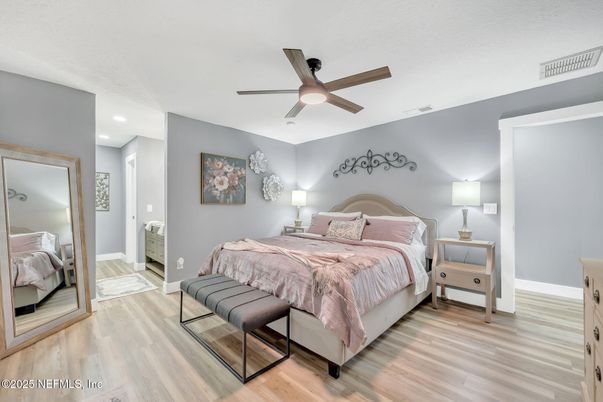 Bedroom, Interior, Recessed Lighting, Wood Texture Flooring
