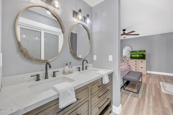 Bathroom, Dual Sink Vanities, Interior, Wood Texture Flooring
