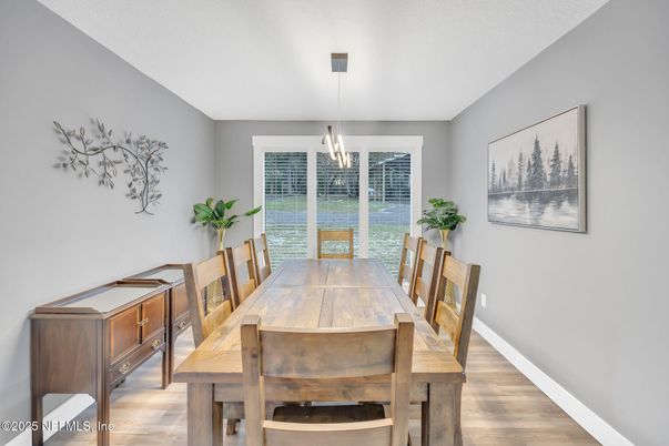 Dining room, Interior, Pendant Lights, Wood Texture Flooring