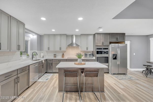 Interior, Kitchen, Recessed Lighting, Stainless Steel Appliances, Wood Texture Flooring