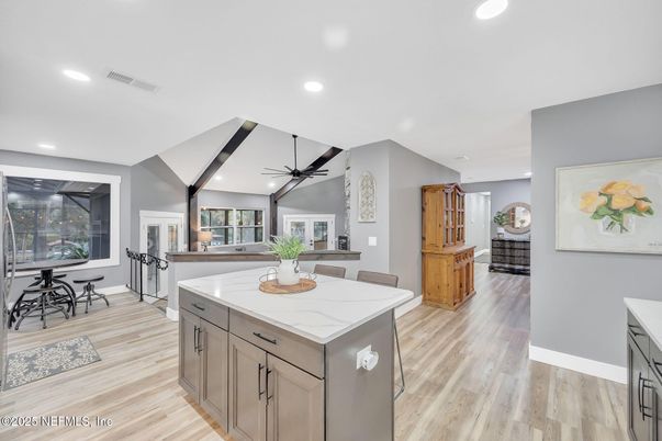 Dining room, Interior, Kitchen, Recessed Lighting, Wood Texture Flooring