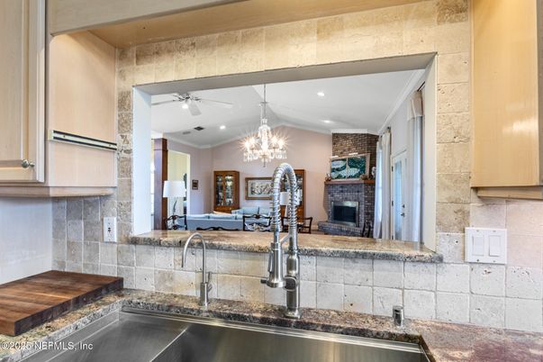 Fireplace, Interior, Recessed Lighting, Stone Walls