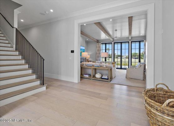 Interior, Living room, Recessed Lighting, Wooden Beams, Wood Texture Flooring