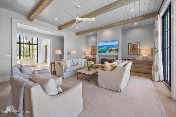 Fireplace, Interior, Living room, Recessed Lighting, Wooden Beams, Wood Texture Flooring