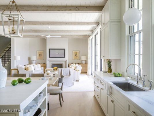 Dining room, Fireplace, Interior, Kitchen, Living room, Pendant Lights, Wooden Beams, Wooden Ceilings, Wood Texture Flooring
