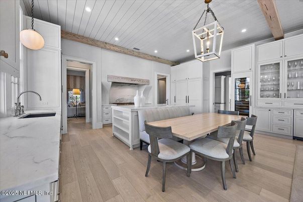 Dining room, Interior, Kitchen, Pendant Lights, Recessed Lighting, Wooden Beams, Wood Texture Flooring