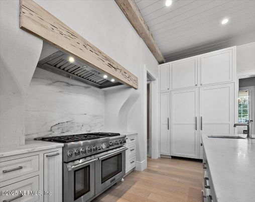 Interior, Kitchen, Marble Walls, Recessed Lighting, Stainless Steel Appliances, Wooden Beams, Wood Texture Flooring