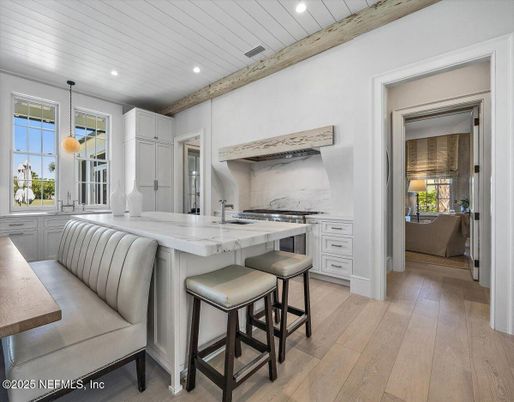 Interior, Kitchen, Marble Walls, Pendant Lights, Recessed Lighting, Wood Texture Flooring