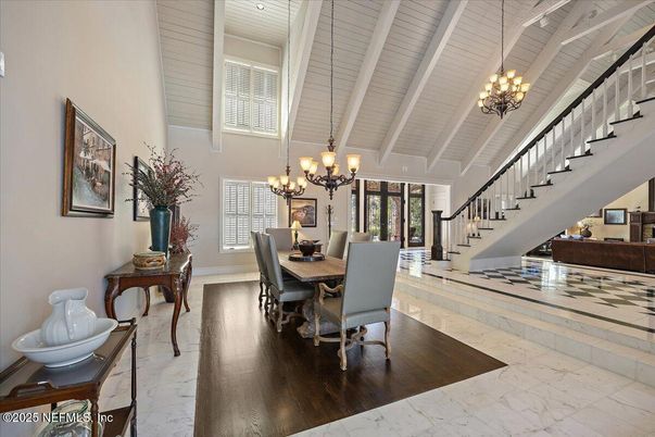 Chandelier, Dining room, Interior, Marble, Wood Texture Flooring