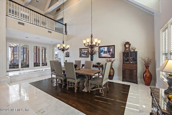 Chandelier, Dining room, Interior, Marble, Wood Texture Flooring