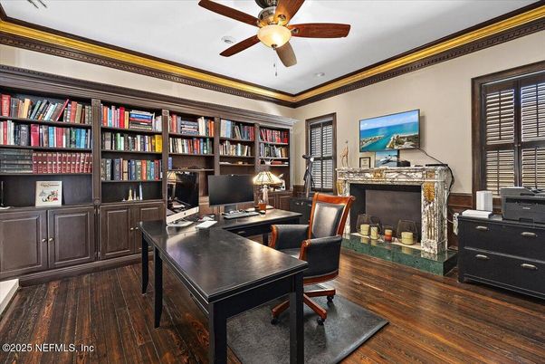 Fireplace, Home Office, Interior, Wood Texture Flooring