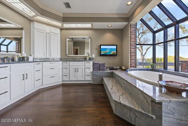 Bathroom, Dual Sink Vanities, Interior, Recessed Lighting, Wood Texture Flooring