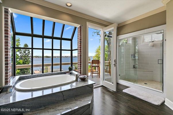 Bathroom, Glass Shower, Interior, Recessed Lighting, Water, Wood Texture Flooring