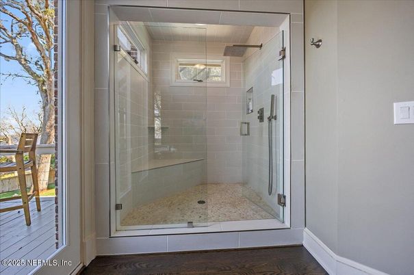 Bathroom, Glass Shower, Interior, Wood Texture Flooring